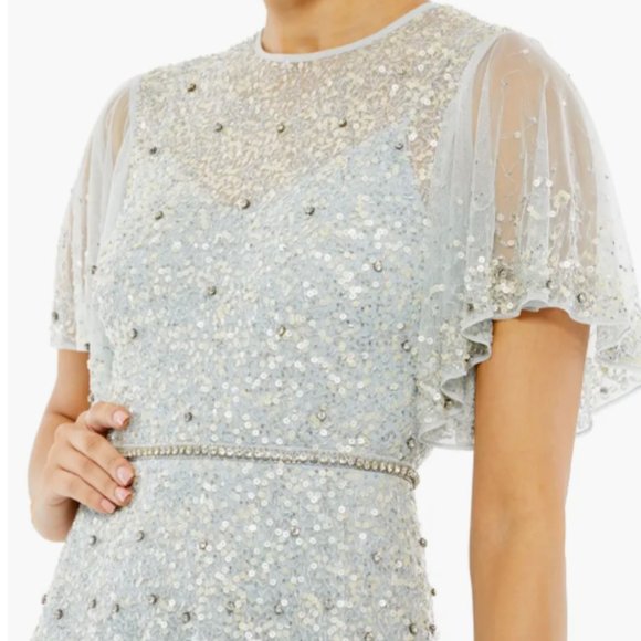 MAC DUGGAL 93655 SEQUIN & CRYSTAL RUFFLE SLEEVE POWDER BLUE MIDI DRESS sz 14 - Picture 3 of 5